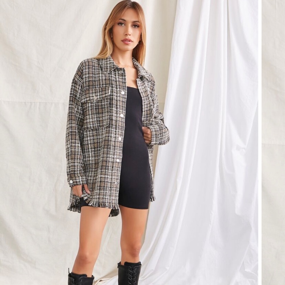 Plaid Tweed Frayed Shacket - Forever 21